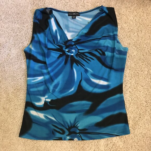 Free With 25$ Purchase Blue Painterly Abstract Floral Cowl Neck Sleevele… - Picture 10 of 13